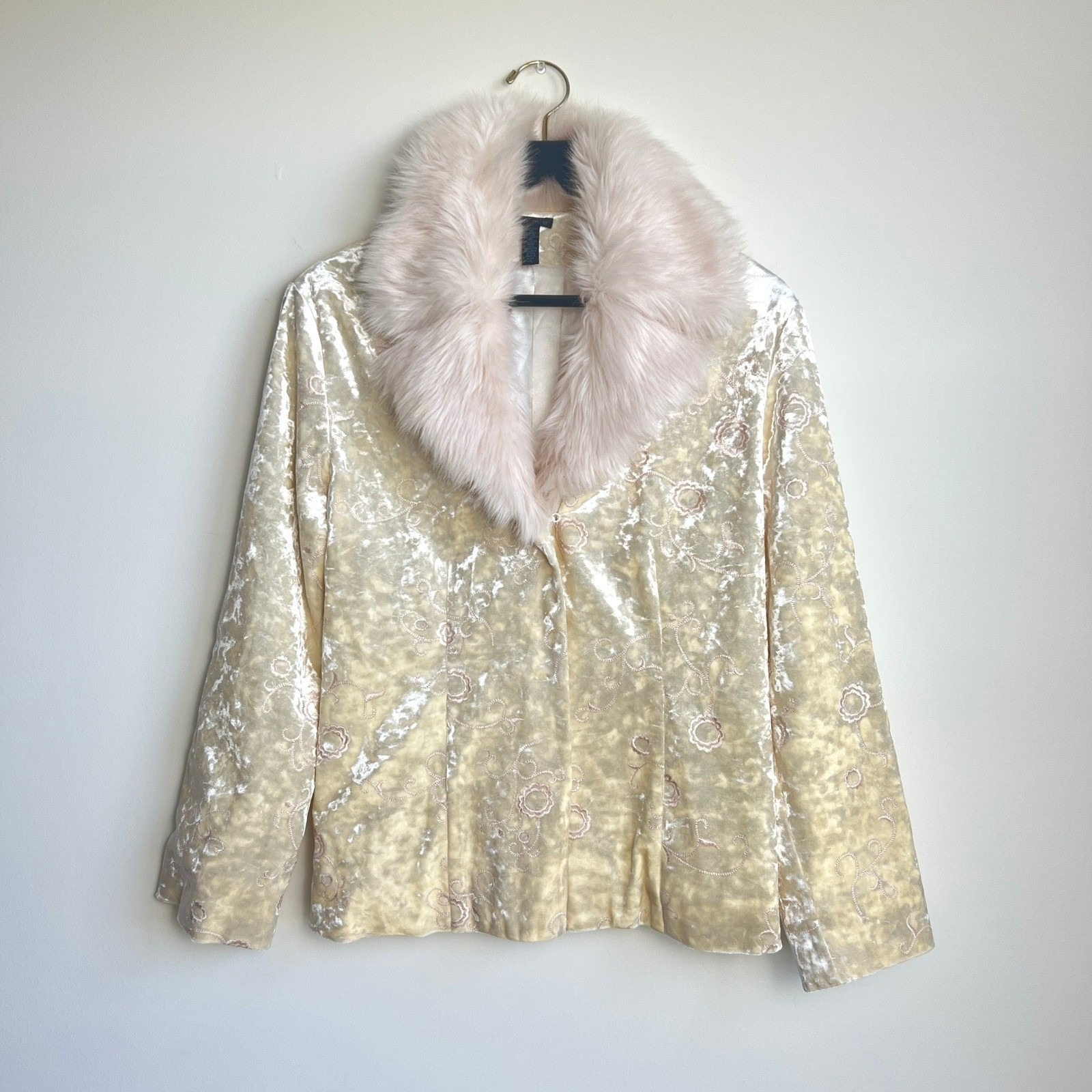 Y2k 2000s Velvet Floral Embroidered Faux Fur Collar Coat 70s Boho Glam Vibes